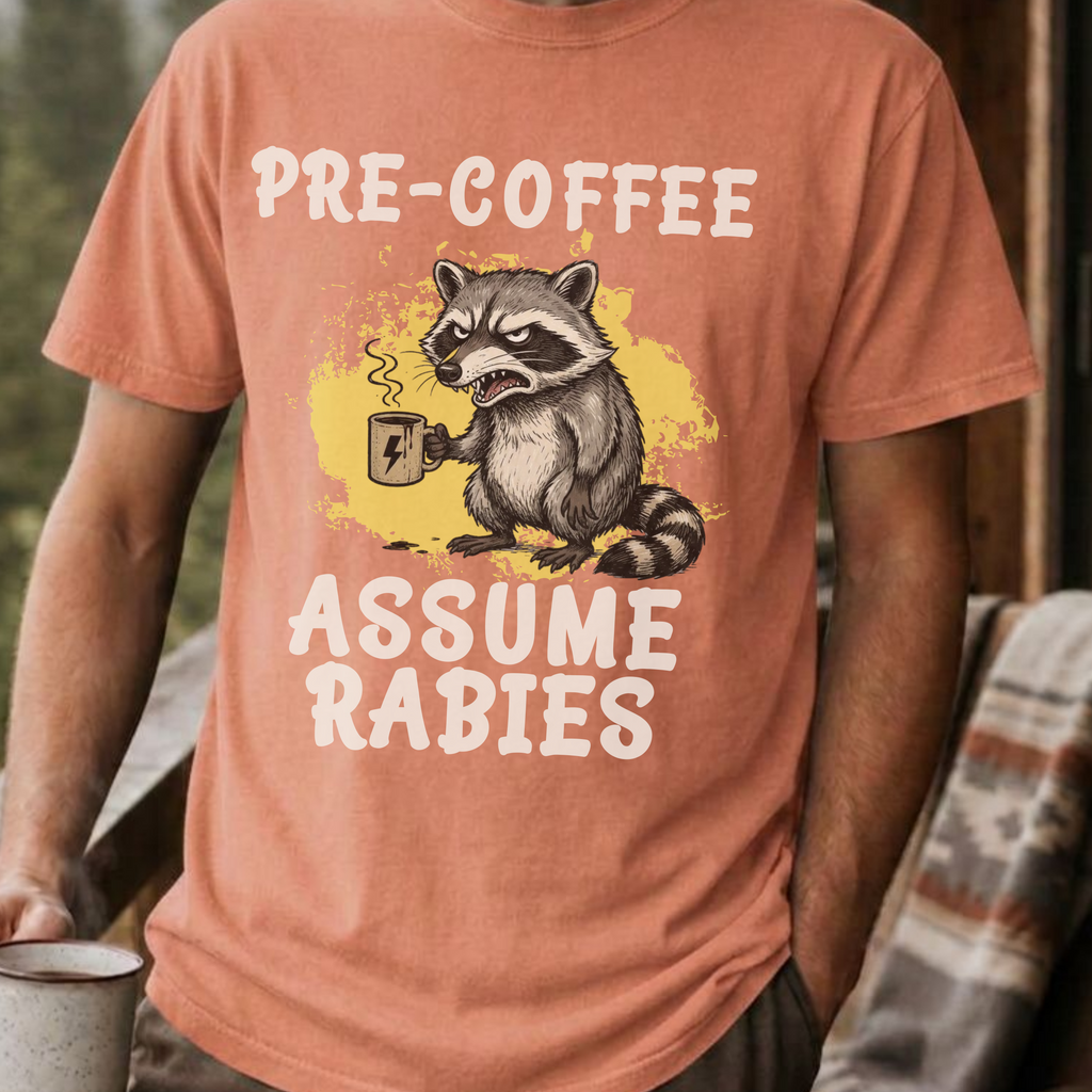 Pre-Coffee Assume Rabies Shirt, Funny Raccoon Coffee Tee, Feral Coffee Addict Gift, Sarcastic Morning Humor Shirt, Trash Panda Tee