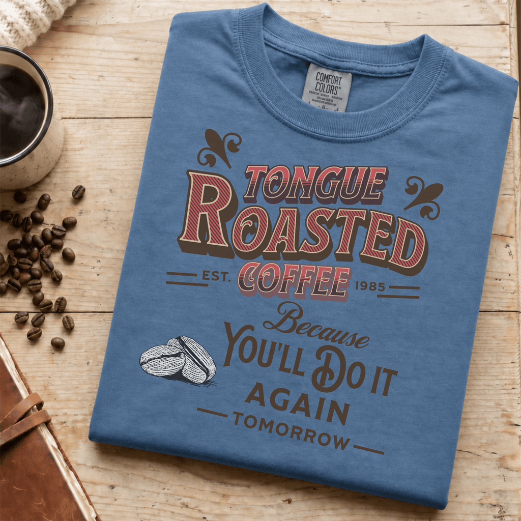 Tongue Roasted Coffee Shirt, Funny Vintage Coffee Tee, Retro Coffee Roaster Logo Shirt, Coffee Lover Gift, Sarcastic Coffee Tee - Deadpan Outdoors Co.
