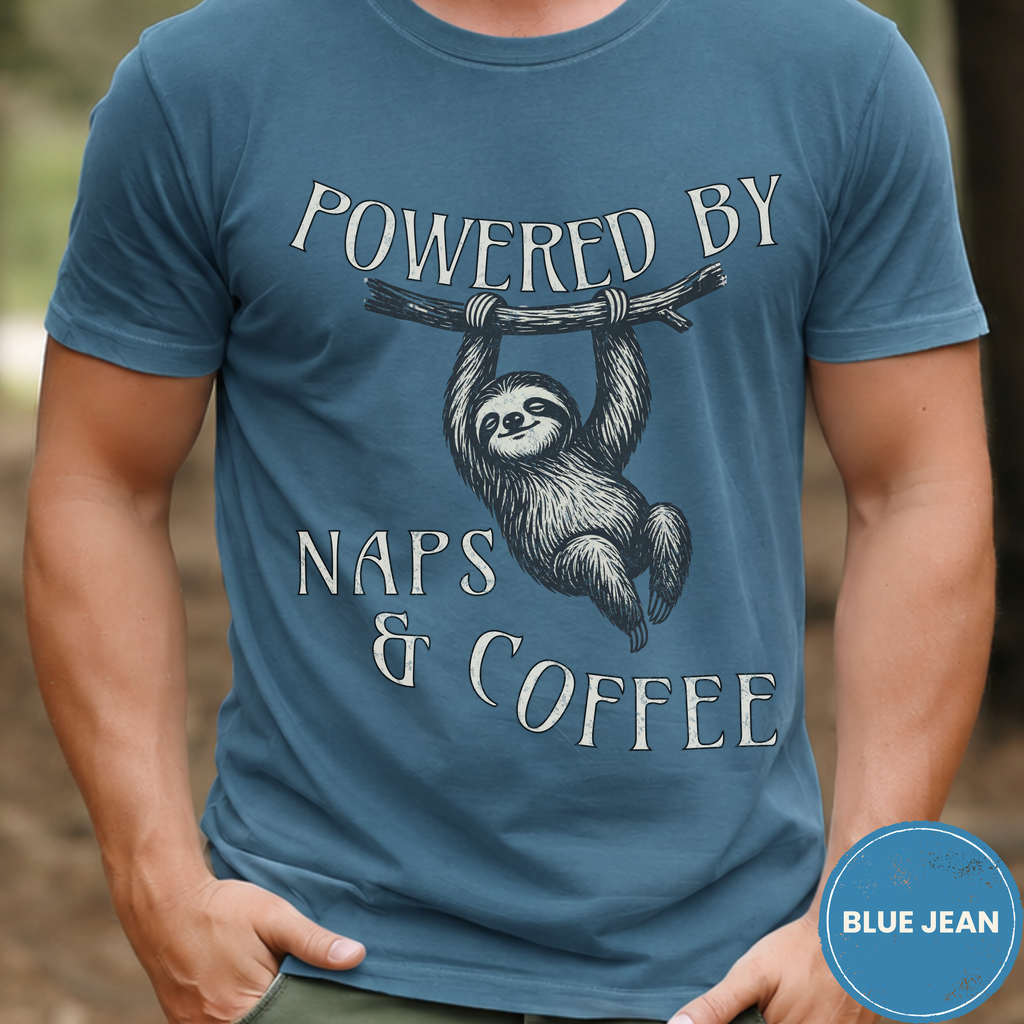 Funny Sloth Coffee Shirt, Powered By Naps and Coffee Tee, Sloth Lover Gift, Sarcastic Coffee Lover Gift for Her, Lazy Day Shirt