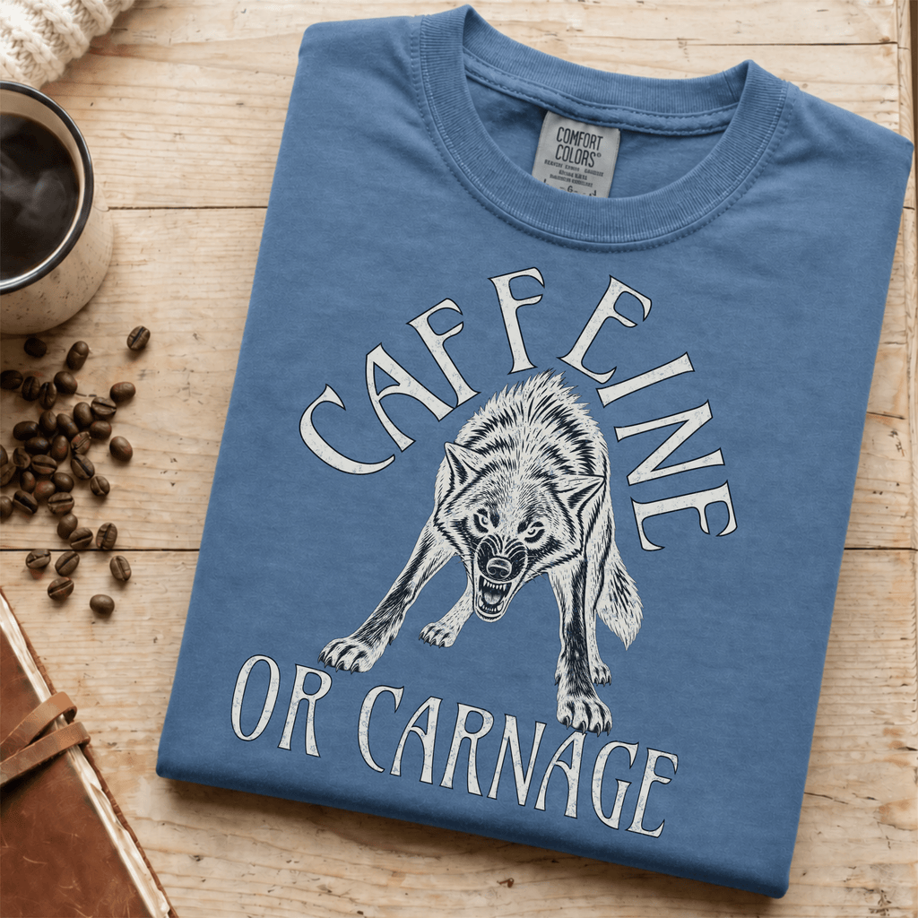 Funny Wolf Coffee Shirt, Caffeine or Carnage Tee, Sarcastic Coffee Lover Gift for Him, Wolf Lover Shirt, Not a Morning Person Gift - Deadpan Outdoors Co.