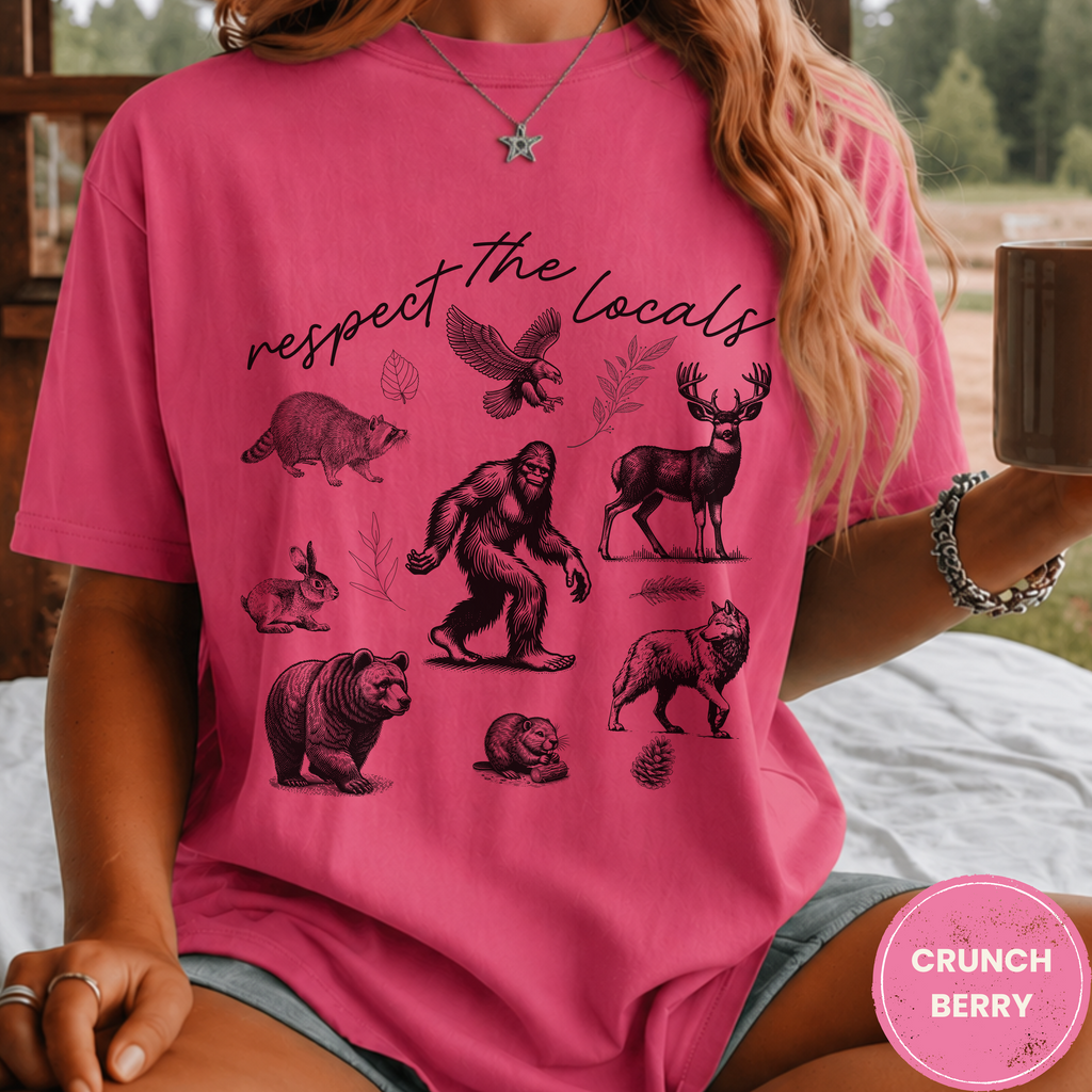 Respect The Locals Bigfoot Shirt, Funny Sasquatch Forest Tee, Woodland Animal Nature Lover Gift, Hiking Shirt, PNW Outdoors Tee