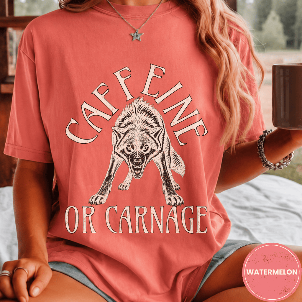 Funny Wolf Coffee Shirt, Caffeine or Carnage Tee, Sarcastic Coffee Lover Gift for Him, Wolf Lover Shirt, Not a Morning Person Gift - Deadpan Outdoors Co.