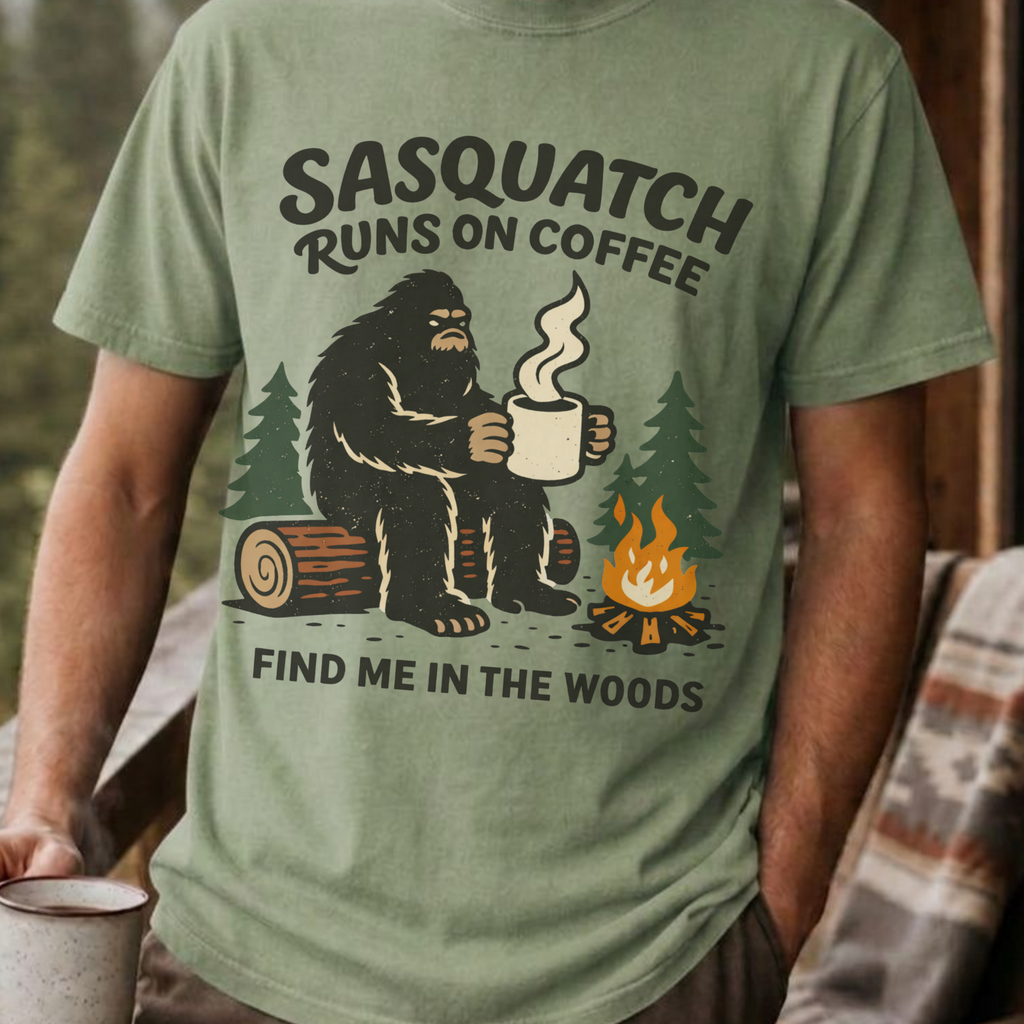Sasquatch Runs On Coffee Shirt, Funny Bigfoot Camping Tee, Coffee Lover Bigfoot Gift, Campfire Sasquatch Shirt, Outdoors Coffee Gift