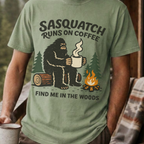 Sasquatch Runs On Coffee Shirt, Funny Bigfoot Camping Tee, Coffee Lover Bigfoot Gift, Campfire Sasquatch Shirt, Outdoors Coffee Gift