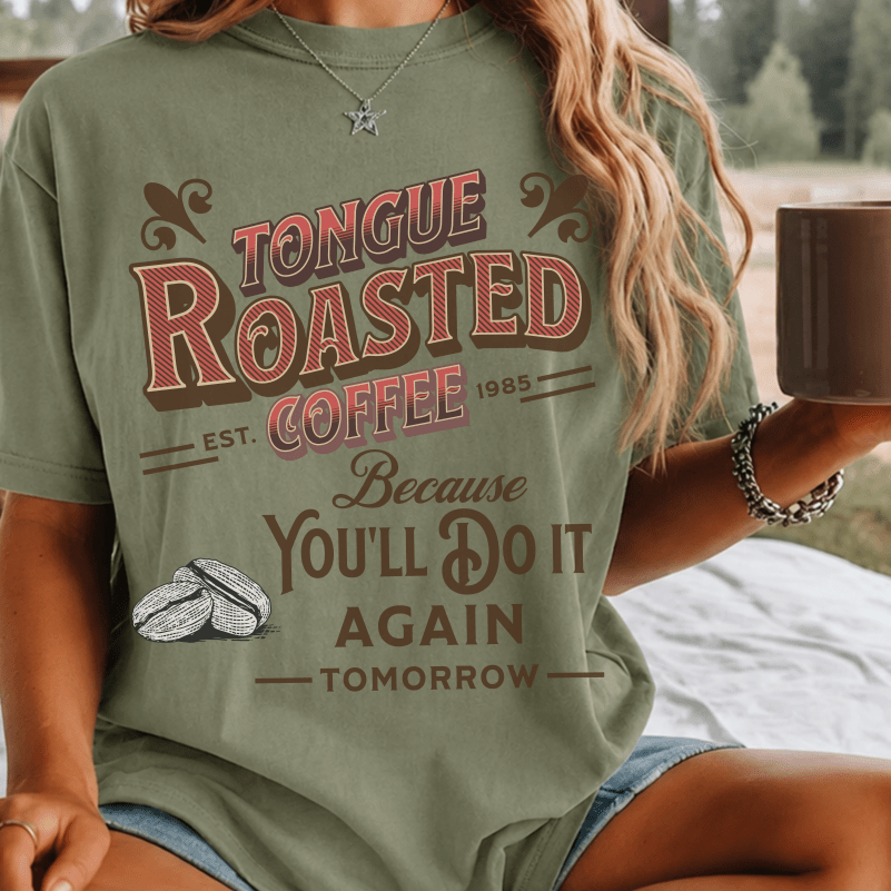 Tongue Roasted Coffee Shirt, Funny Vintage Coffee Tee, Retro Coffee Roaster Logo Shirt, Coffee Lover Gift, Sarcastic Coffee Tee - Deadpan Outdoors Co.
